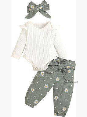 Baby Girl 3 Piece Outfit Set Long Sleeve Romper Pant Headband